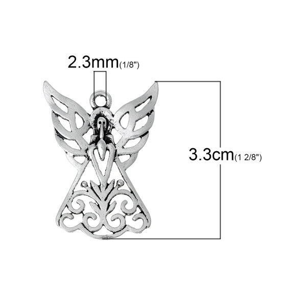 Picture of Zinc Metal Alloy Pendants Angel Antique Silver Color Wing Carved Hollow 33mm(1 2/8") x 24mm(1"), 20 PCs