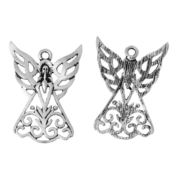 Picture of Zinc Metal Alloy Pendants Angel Antique Silver Color Wing Carved Hollow 33mm(1 2/8") x 24mm(1"), 20 PCs