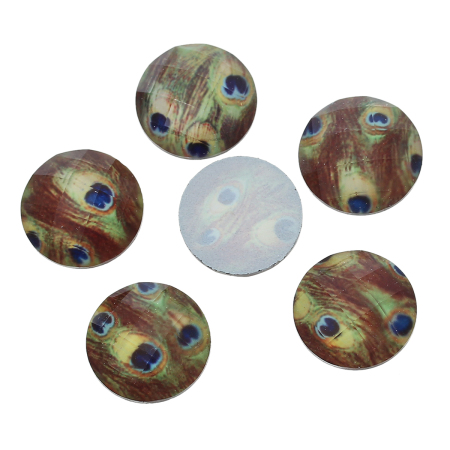 Picture of Resin Dome Cabochon Round Multicolor Peacock Feather Faceted 16mm( 5/8") Dia, 50 PCs