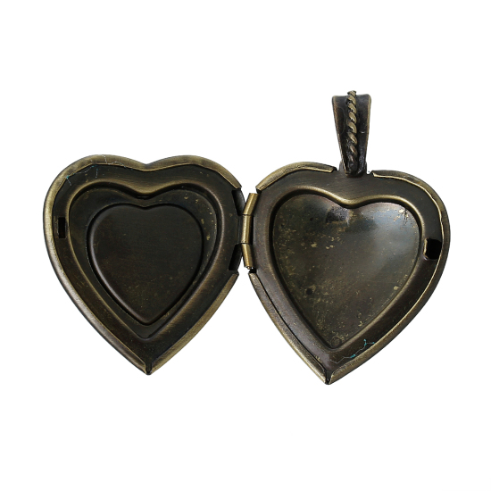 Immagine di Lega di Zinco Charm Ciondoli Cuore Tono del Bronzo Basi per Cabochon (Adatto 16mm x 16mm) 43mm x 30mm, 2 Pz