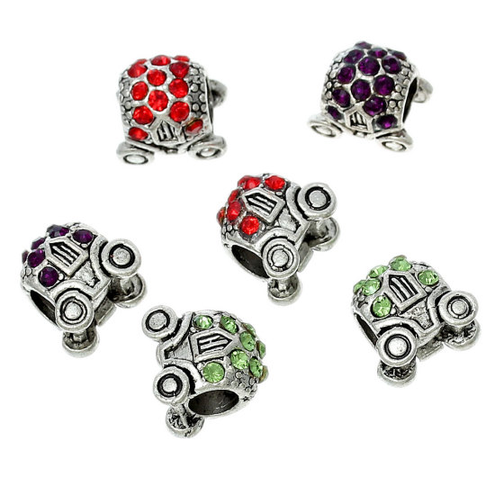 Image de Perles à Gros Trou au Style Européen en Alliage de Zinc Voiture Argent Antique à Strass Couleur au Hasard Env. 12mm x 12mm, Tailles de Trous: 5.2mm, 5 Pcs