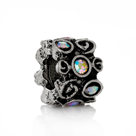 Bild von Zinklegierung European Stil Charm Großlochperlen Zylinder Gewinde Geschnitzt Antik Silber AB Farben Strass, etwa 11mm x 7mm, Loch:Ca 5.3mm, 10 Stücke