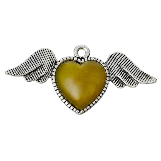 Picture of Zinc Based Alloy Pendants Heart Angel Wing Antique Silver Color Message " LOVE " Carved With Yellow Synthetic Gemstone Cabochons 42mm(1 5/8") x 20mm(6/8"), 3 PCs