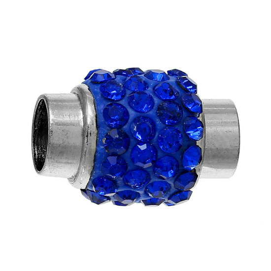 Bild von Zinklegierung + Magneteisen + Strass Magnetverschluss Zylinder Silberfarbe, , mit Saphirblau Strass, 17mm x 12mm, 5 Sets