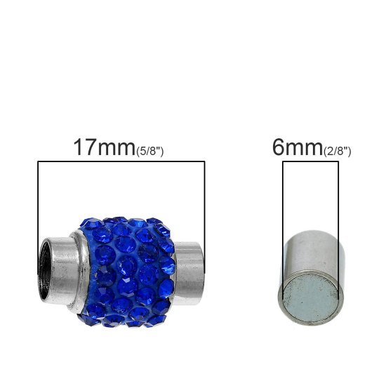 Bild von Zinklegierung + Magneteisen + Strass Magnetverschluss Zylinder Silberfarbe, , mit Saphirblau Strass, 17mm x 12mm, 5 Sets