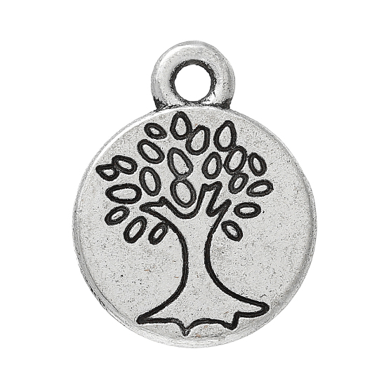 Picture of Zinc Metal Alloy Charm Pendants Round Disc Antique Silver Color Tree Carved 15mm(5/8") x 12mm(4/8"), 20 PCs