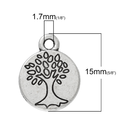 Picture of Zinc Metal Alloy Charm Pendants Round Disc Antique Silver Color Tree Carved 15mm(5/8") x 12mm(4/8"), 20 PCs