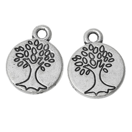 Picture of Zinc Metal Alloy Charm Pendants Round Disc Antique Silver Color Tree Carved 15mm(5/8") x 12mm(4/8"), 20 PCs