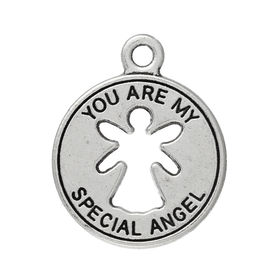 Image de Pendentif en Alliage de Zinc Rond Argent Vieilli Anges Gravé Mots " YOU ARE MY SPECIAL ANGEL " Creux 22mm x 18mm, 20 Pcs