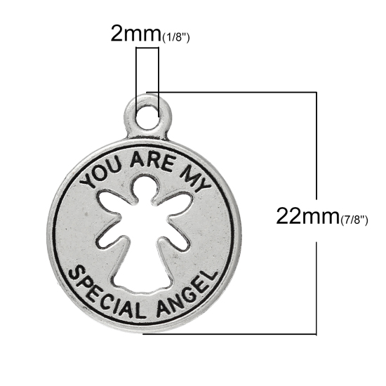 Image de Pendentif en Alliage de Zinc Rond Argent Vieilli Anges Gravé Mots " YOU ARE MY SPECIAL ANGEL " Creux 22mm x 18mm, 20 Pcs