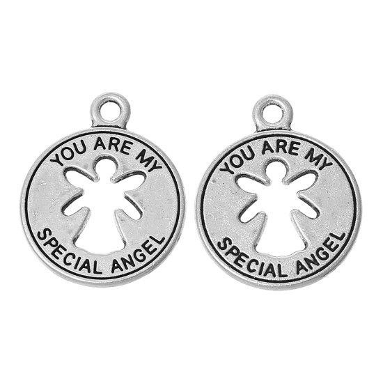 Image de Pendentif en Alliage de Zinc Rond Argent Vieilli Anges Gravé Mots " YOU ARE MY SPECIAL ANGEL " Creux 22mm x 18mm, 20 Pcs