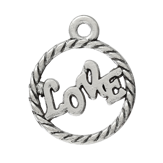 Picture of Zinc Metal Alloy Charm Pendants Round Antique Silver Color Message " Love " Carved Hollow 19mm(6/8") x 16mm(5/8"), 20 PCs