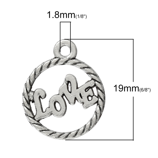 Picture of Zinc Metal Alloy Charm Pendants Round Antique Silver Color Message " Love " Carved Hollow 19mm(6/8") x 16mm(5/8"), 20 PCs