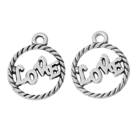 Picture of Zinc Metal Alloy Charm Pendants Round Antique Silver Color Message " Love " Carved Hollow 19mm(6/8") x 16mm(5/8"), 20 PCs