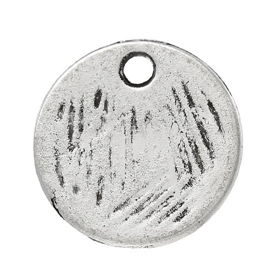 Picture of Zinc Metal Alloy Charm Pendants Round Antique Silver Color Carved 9mm(3/8") Dia, 100 PCs