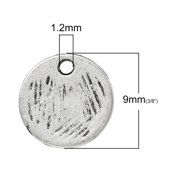 Picture of Zinc Metal Alloy Charm Pendants Round Antique Silver Color Carved 9mm(3/8") Dia, 100 PCs