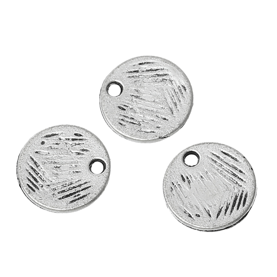 Picture of Zinc Metal Alloy Charm Pendants Round Antique Silver Color Carved 9mm(3/8") Dia, 100 PCs