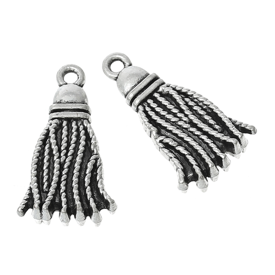 Picture of Zinc Metal Alloy Charm Pendants Tassel Antique Silver Color 20mm(6/8") x 12mm( /8"), 20 PCs