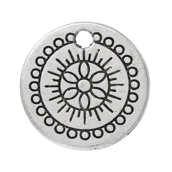 Immagine di Lega di Zinco Charm Ciondoli Tondo Argento Antico Fiore Scolpito 14mm Dia, 20 Pz