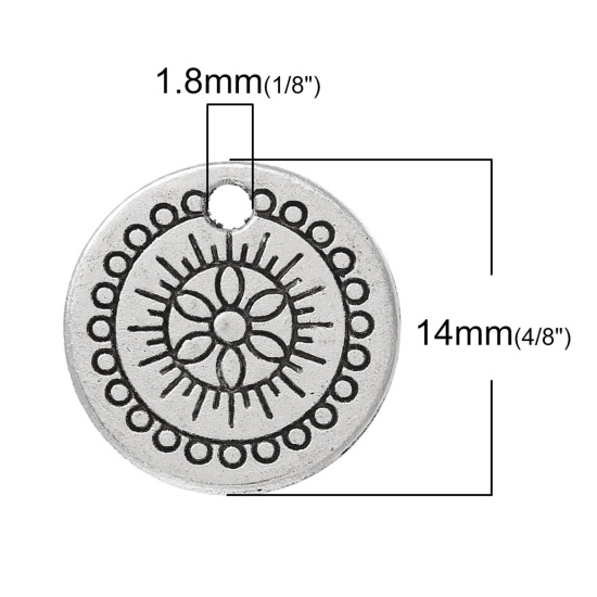 Immagine di Lega di Zinco Charm Ciondoli Tondo Argento Antico Fiore Scolpito 14mm Dia, 20 Pz