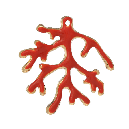 Bild von Zinklegierung Charm Anhänger Koralle Vergoldet Orangerot Emaille 37mm x 36mm, 5 Stücke