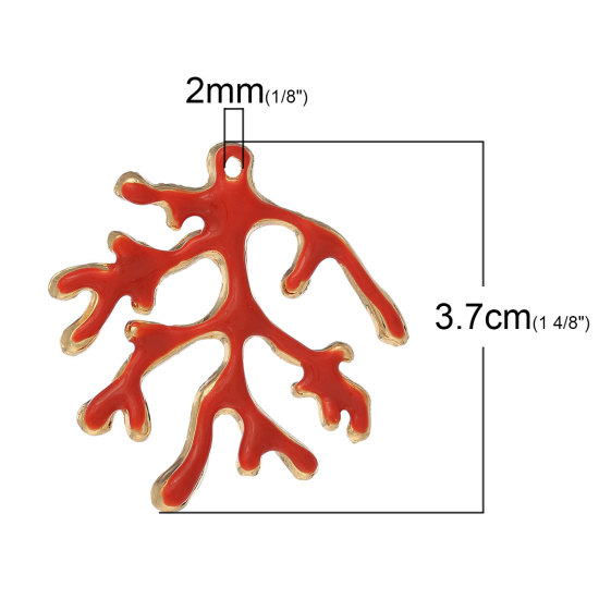 Picture of Zinc Metal Alloy Pendants Coral Gold Plated Orange-red Enamel 37mm(1 4/8") x 36mm(1 3/8"), 5 PCs