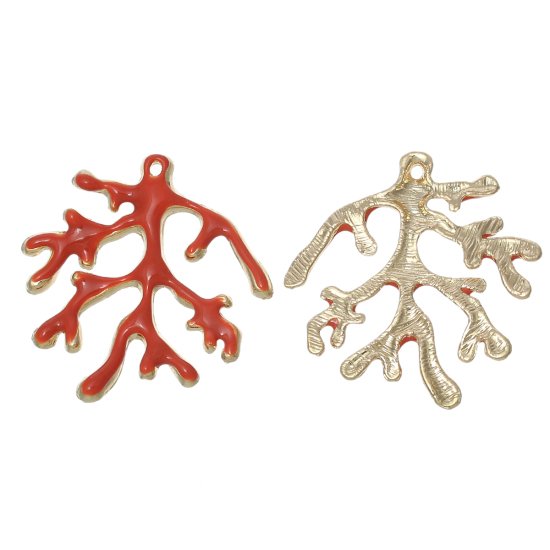 Picture of Zinc Metal Alloy Pendants Coral Gold Plated Orange-red Enamel 37mm(1 4/8") x 36mm(1 3/8"), 5 PCs