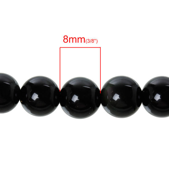 (グレードA) 黒曜石 （ 天然） ビーズ 円形 黒 約 8mm直径、 穴：約 0.5mm、 39.5cm 長さ、 1 連 （約 49 PCS /一連） の画像