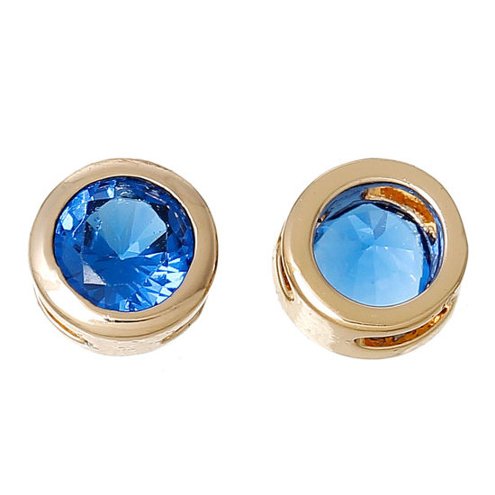 Picture of Brass & Cubic Zirconia Spacer Beads For DIY Charm Jewelry Making 14K Gold Color Blue Round Cubic Zirconia 6mm Dia., Hole: Approx 3.2mm x1.2mm, 2 PCs                                                                                                          