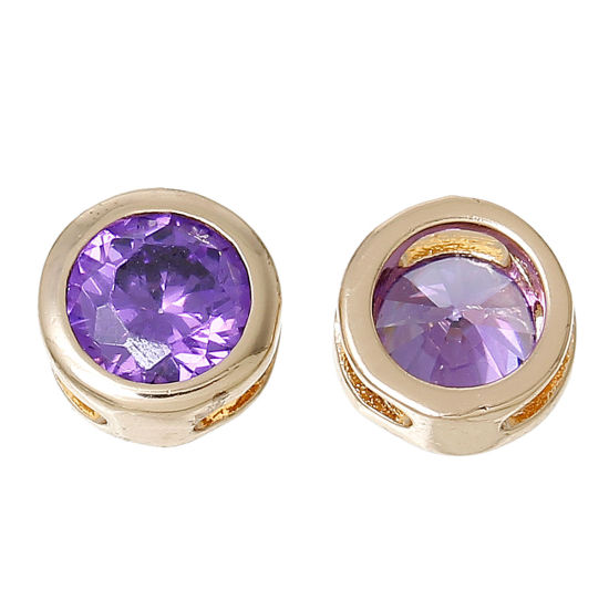 Picture of Brass & Cubic Zirconia Spacer Beads For DIY Jewelry Making 14K Gold Color Purple Round Cubic Zirconia 6mm Dia., Hole: Approx 3.2mm x1.2mm, 2 PCs