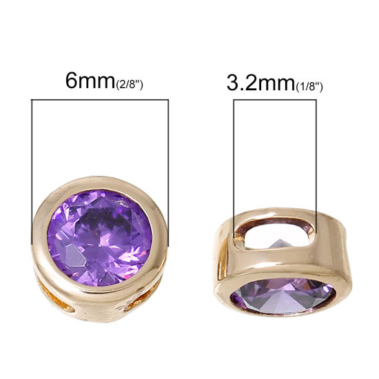 Picture of Brass & Cubic Zirconia Spacer Beads For DIY Jewelry Making 14K Gold Color Purple Round Cubic Zirconia 6mm Dia., Hole: Approx 3.2mm x1.2mm, 2 PCs