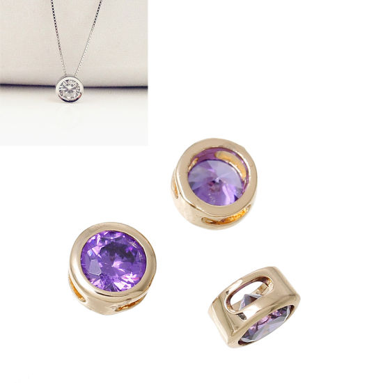 Picture of Brass & Cubic Zirconia Spacer Beads For DIY Jewelry Making 14K Gold Color Purple Round Cubic Zirconia 6mm Dia., Hole: Approx 3.2mm x1.2mm, 2 PCs