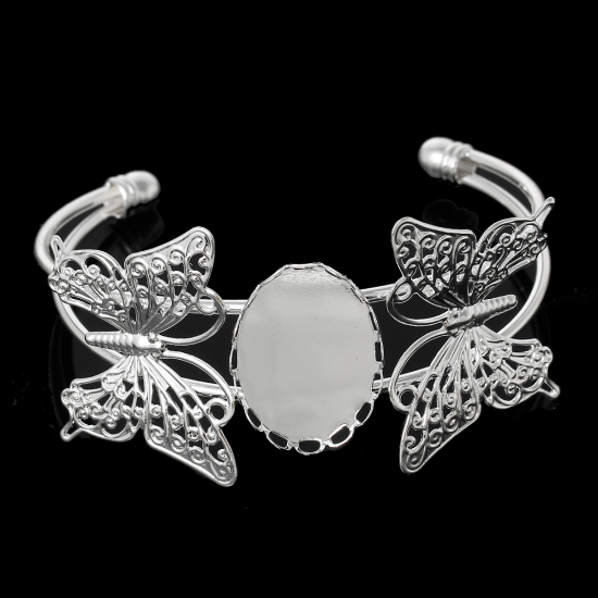 Picture of 1 Piece Zinc Based Alloy & Brass Cabochon Settings Open Cuff Bangles Bracelets Findings Butterfly Animal Silver Plated (Fits 26mm x 19mm) 16.5cm(6 4/8") long