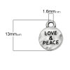 Bild von Zinklegierung Charm Anhänger Rund Antiksilber Message " LOVE & PEACE " 13mm x 10mm, 50 Stücke
