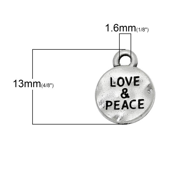 Image de Pendentifs en Alliage de Zinc Rond Argent Vieilli Gravé Caractère Gravé Mots " LOVE & PEACE " 13mm x 10mm, 50 Pcs