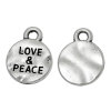 Bild von Zinklegierung Charm Anhänger Rund Antiksilber Message " LOVE & PEACE " 13mm x 10mm, 50 Stücke