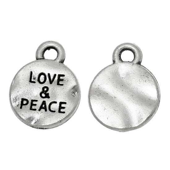 Image de Pendentifs en Alliage de Zinc Rond Argent Vieilli Gravé Caractère Gravé Mots " LOVE & PEACE " 13mm x 10mm, 50 Pcs