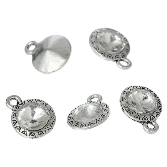 Picture of Zinc Metal Alloy Charm Pendants Round Antique Silver Color Pattern Carved Clear Rhinestone 15mm(5/8") x 12mm(4/8"), 10 PCs