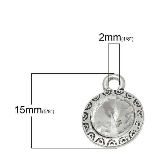 Picture of Zinc Metal Alloy Charm Pendants Round Antique Silver Color Pattern Carved Clear Rhinestone 15mm(5/8") x 12mm(4/8"), 10 PCs