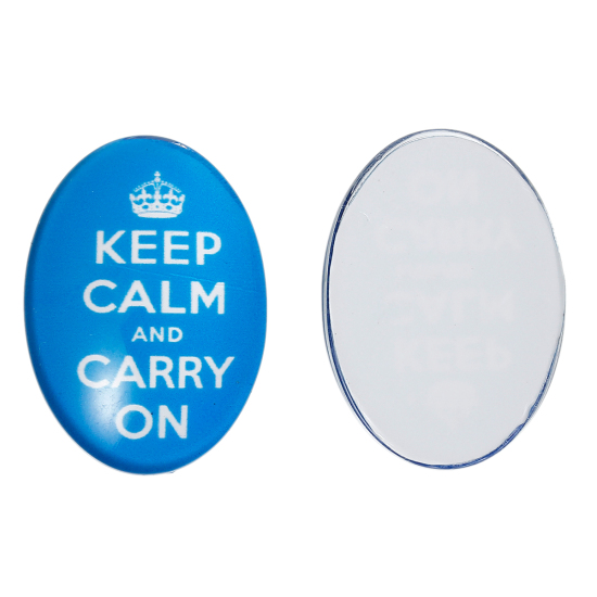 Image de Cabochons d'Embellissement en Verre Ovale Bleu Couronnes avec Mots " KEEP CALM AND CARRY ON " Transparent 25mm x 18mm, 30 Pcs