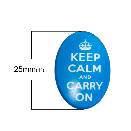 Image de Cabochons d'Embellissement en Verre Ovale Bleu Couronnes avec Mots " KEEP CALM AND CARRY ON " Transparent 25mm x 18mm, 30 Pcs