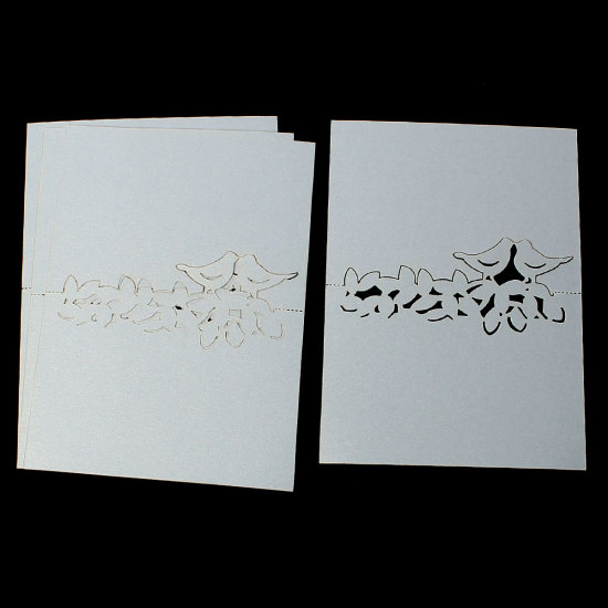 Picture of Paper Wedding Party Name Place Cards Flower & Love Birds Hollow Light Golden Glitter 12.6cm(5") x 9.1cm(3 5/8"), 10 Sheets
