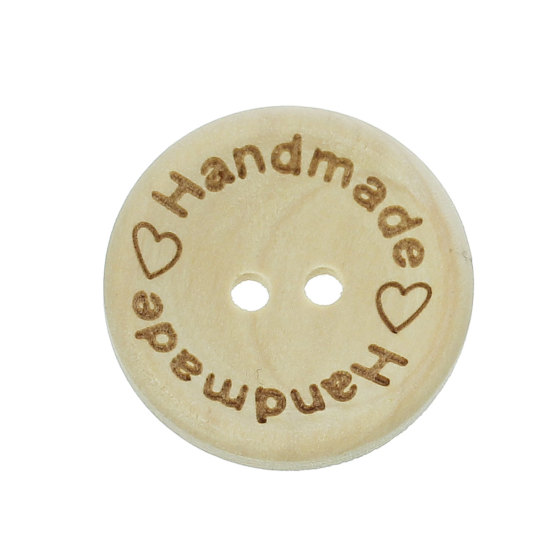 Image de Bouton de Couture en Bois 2 Trous Couleur Naturelle Rond Cœur Gravé Mots " Handmade " 25mm Dia, 100 PCs