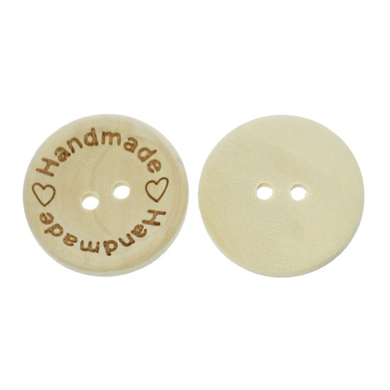 Image de Bouton de Couture en Bois 2 Trous Couleur Naturelle Rond Cœur Gravé Mots " Handmade " 25mm Dia, 100 PCs