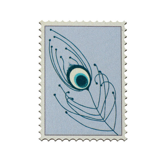 Picture of Natural Wood Embellishments Scrapbooking Postage Stamp Lightblue Peacock Feather Pattern 39mm(1 4/8") x 29mm(1 1/8"), 30 PCs