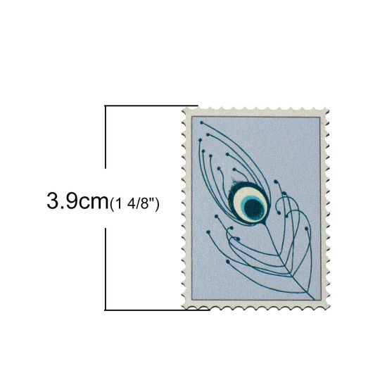 Picture of Natural Wood Embellishments Scrapbooking Postage Stamp Lightblue Peacock Feather Pattern 39mm(1 4/8") x 29mm(1 1/8"), 30 PCs