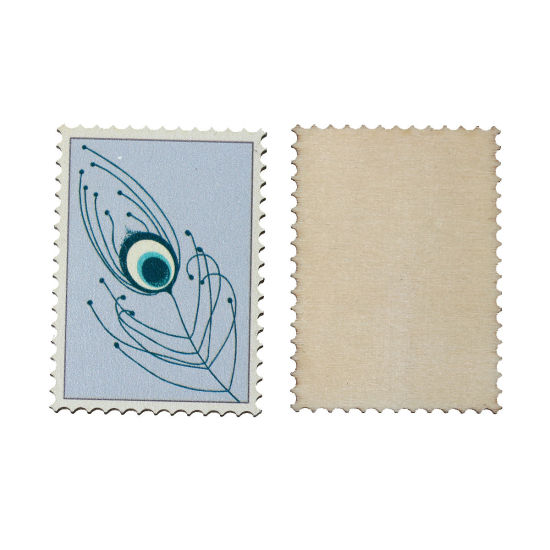 Picture of Natural Wood Embellishments Scrapbooking Postage Stamp Lightblue Peacock Feather Pattern 39mm(1 4/8") x 29mm(1 1/8"), 30 PCs