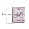 Picture of Natural Wood Embellishments Scrapbooking Travel Postage Stamp Pink Bicycle Message " Sample 10 " Pattern 38mm(1 4/8") x 30mm(1 1/8") , 30 PCs
