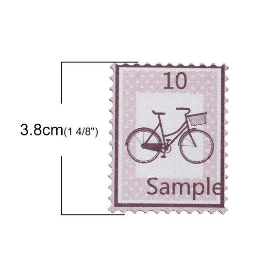 Picture of Wood Embellishments Scrapbooking Travel Postage Stamp Pink Bicycle Message " Sample 10 " Pattern 38mm(1 4/8") x 30mm(1 1/8") , 30 PCs