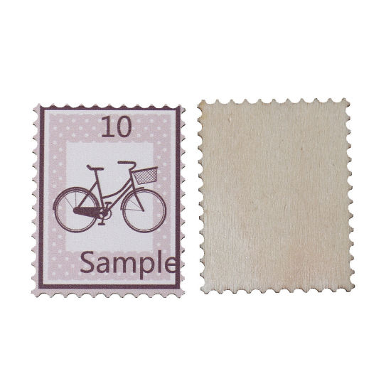 Picture of Wood Embellishments Scrapbooking Travel Postage Stamp Pink Bicycle Message " Sample 10 " Pattern 38mm(1 4/8") x 30mm(1 1/8") , 30 PCs